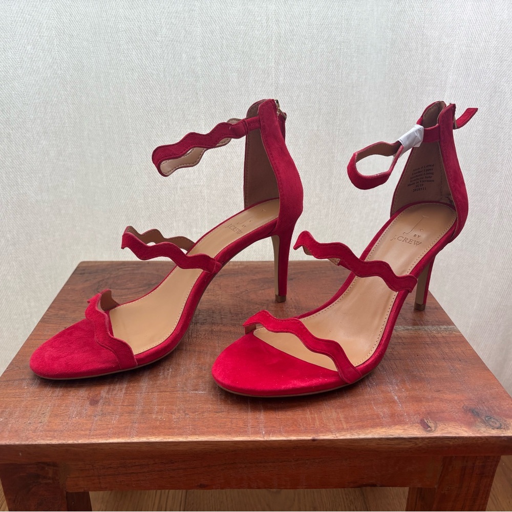 J. Crew Three Strap Scallop Suede Heels
